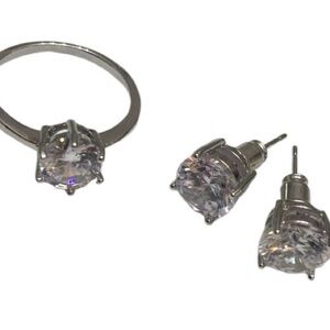 Earrings Ring Silver Diamonds 3 Piece Set Size 6 NEW